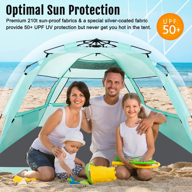 WhiteFang Deluxe XL Pop Up Beach Tent Sun Shade Shelter for 3-4 Person, UV Protection, Extendable Floor with 3 Ventilating Windows Plus Carrying Bag, Stakes, and Guy Lines (Mint Green) - Image 3